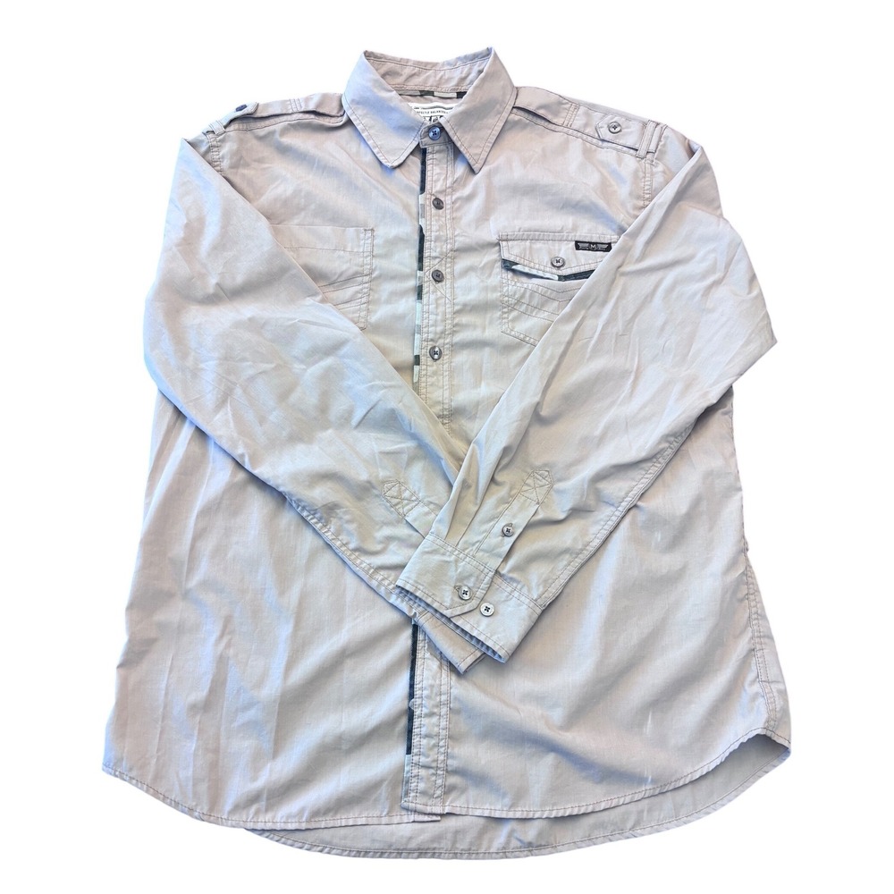 Most Official Seven MO7 | Mens Khaki Camo Trim | Long Sleeve Button Up Shirt XL